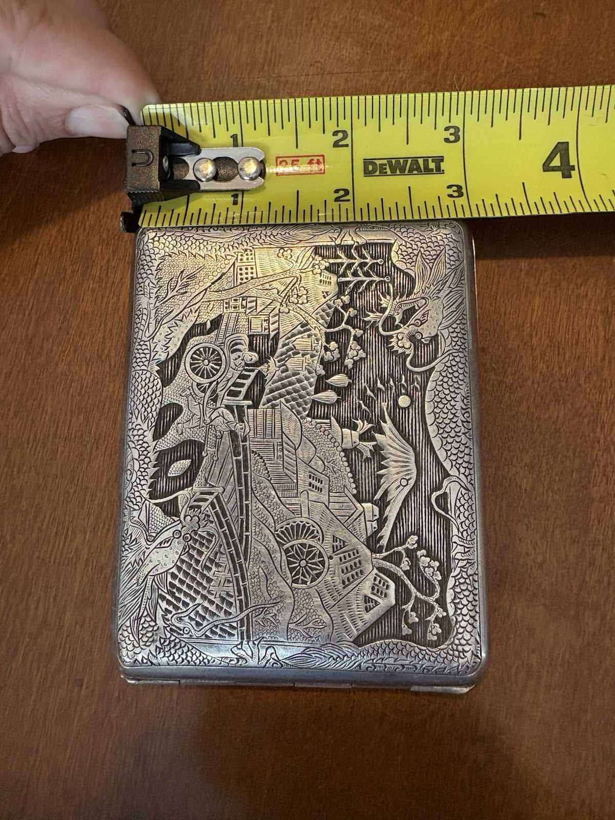 Antique Japanese TOKYO SOLID SILVER Case Dragon & Pagoda Scene 1900 Hand Engrave