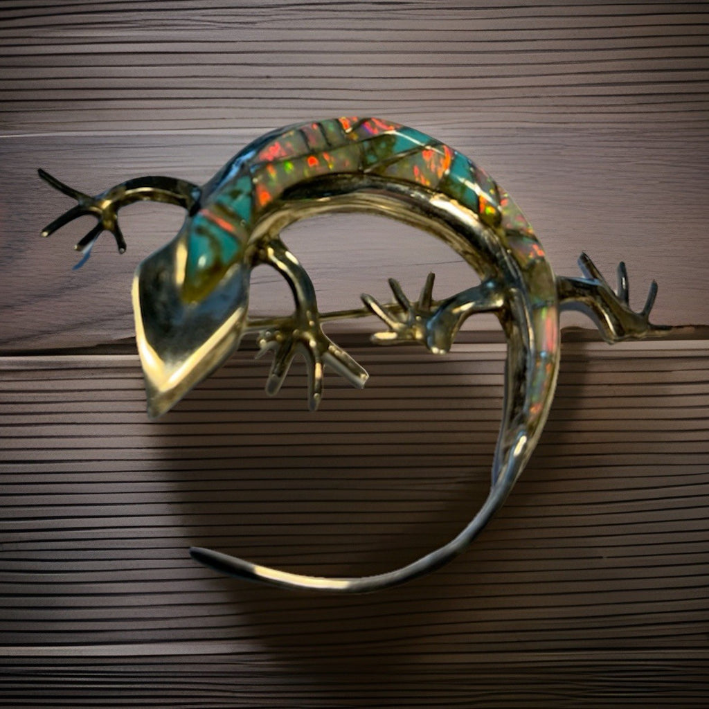 Sterling Silver Zuni Style Turquoise & Opal Inlay Lizard Brooch