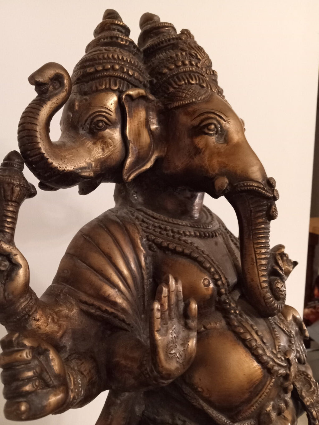 Antique Bronze 22” Three-Headed Ganesha Hindu Statue – Vighnaharta Riding Mouse