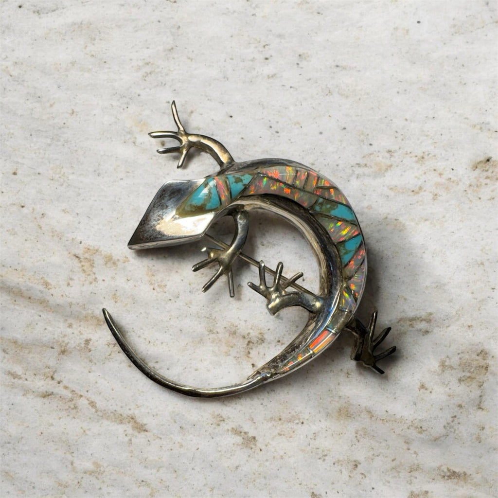 Sterling Silver Zuni Style Turquoise & Opal Inlay Lizard Brooch