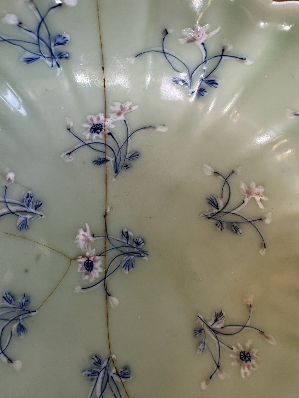 Antique Chinese Celadon Porcelain Bowl Qing Dynasty Blue White Enamel 1720/1760