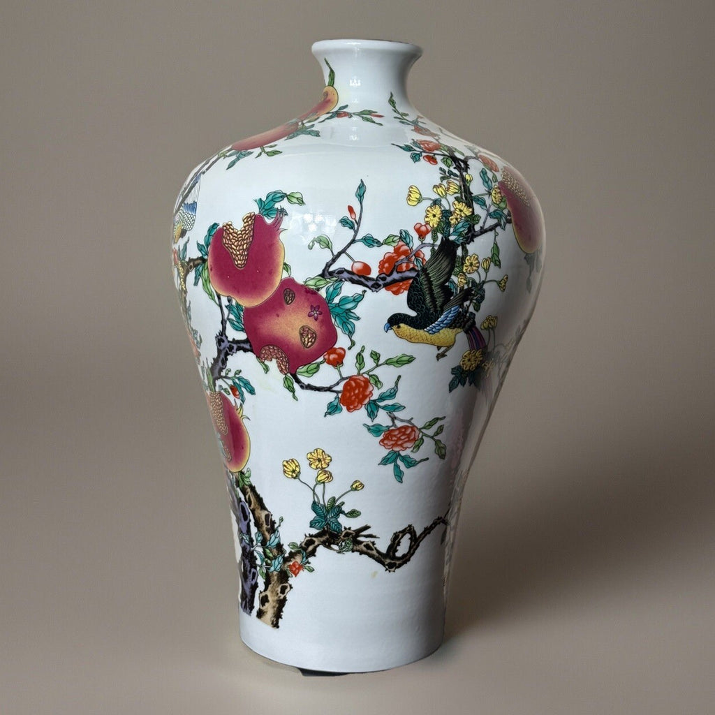 21.5” Chinese Large Floor Vase Floral Bird Scenes With Pomegranate