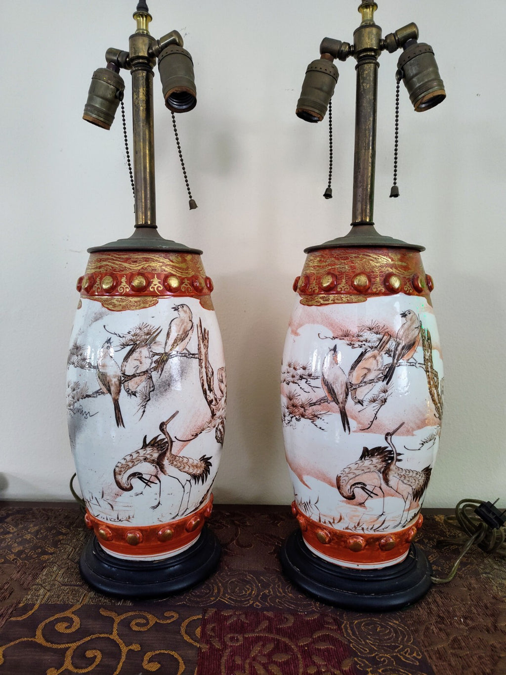 Pair Meiji Japanese Kutani Seizan Lamps, Gilt Birds & Cranes, Hand Painted