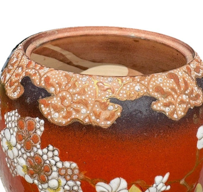 Antique Japanese Satsuma Moriage Jardiniere Bird Floral Red Cache Pot
