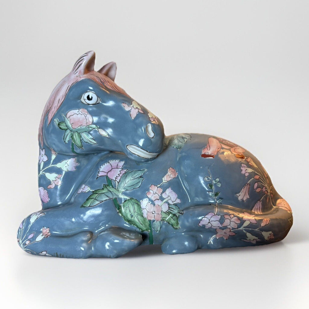 Large Vtg. Chinese HORSE Figurine Handpainted Decorated Oriental Flowers