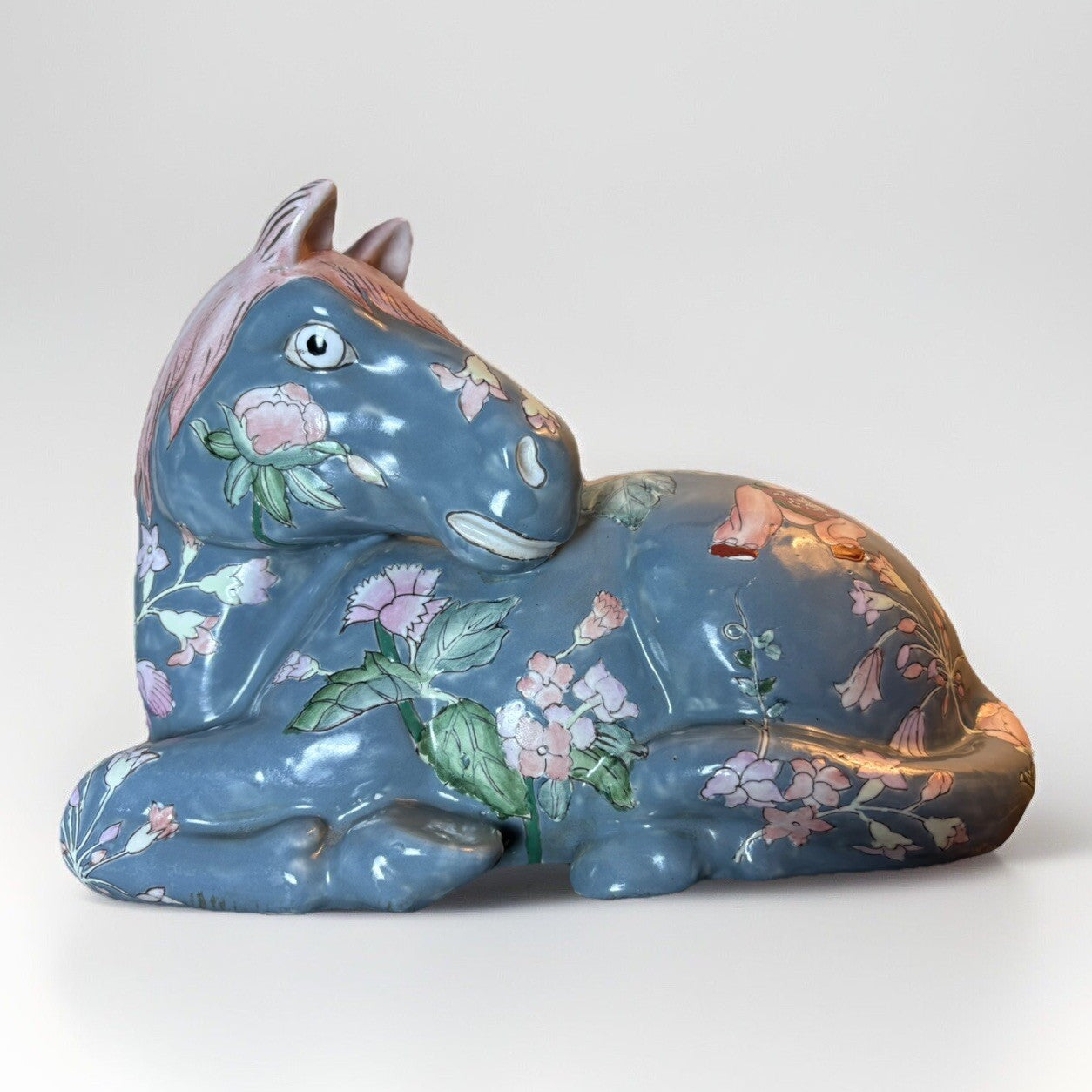 Large Vtg. Chinese HORSE Figurine Handpainted Decorated Oriental Flowers