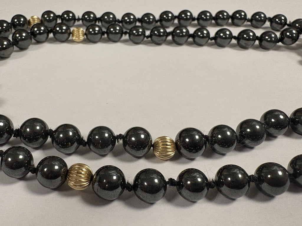 VTG Hematite Necklace & Earrings Set Solid 14K Gold Beads Posts 32”
