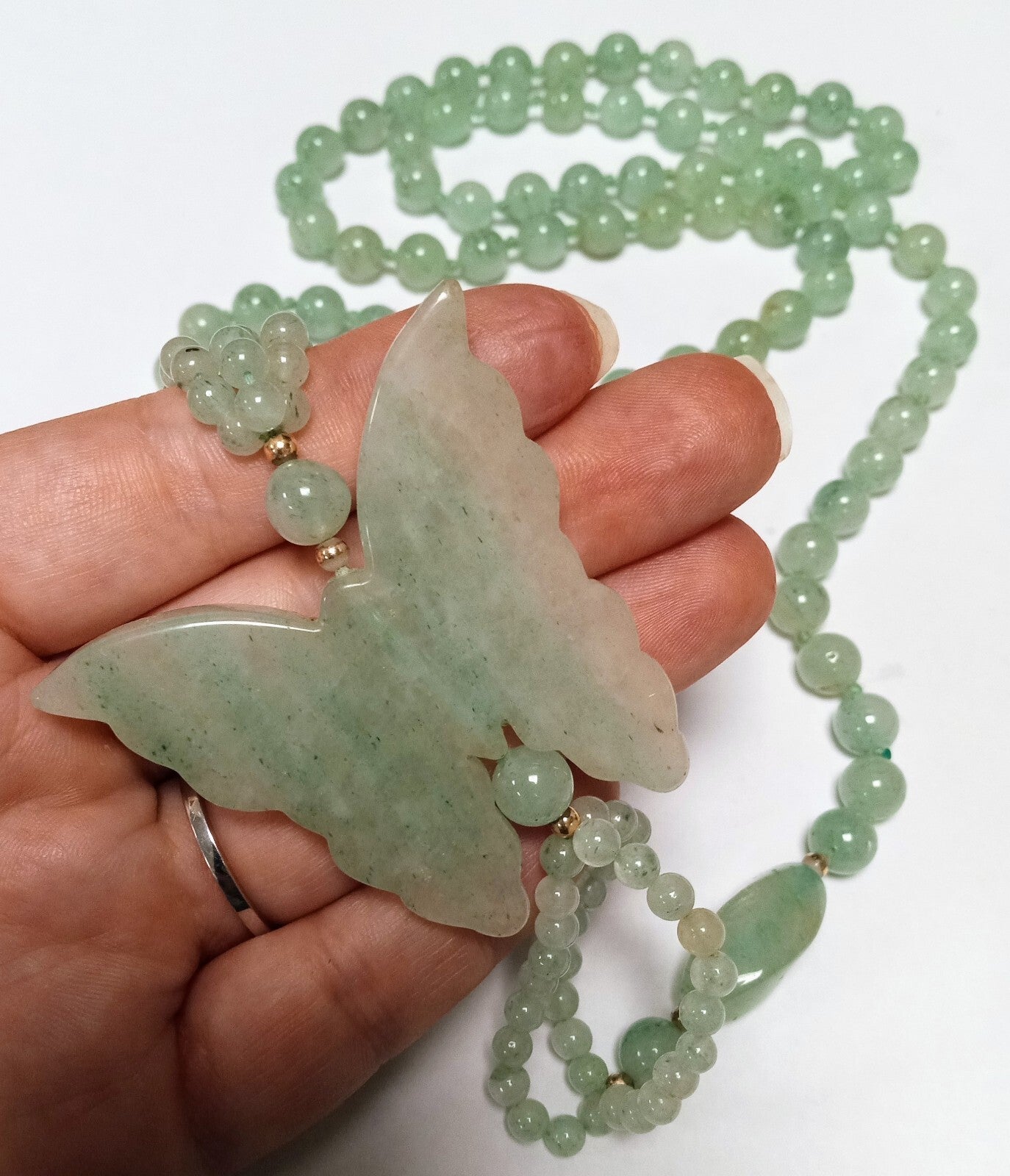 Vintage Jade Butterfly Necklace Celadon Green Beaded Asian  34”