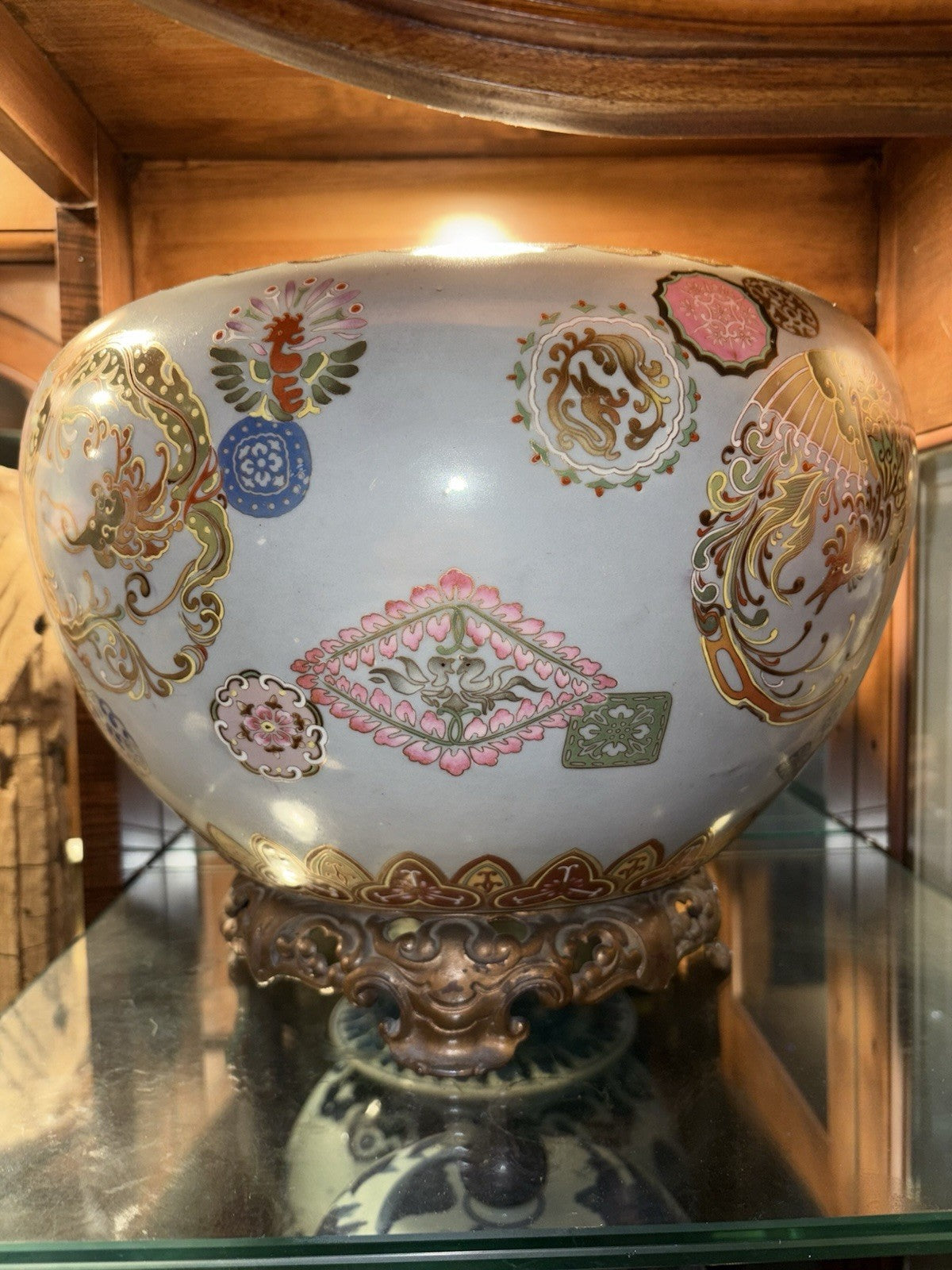 Late Meiji Japanese Blue-Ground Satsuma-Style Jardiniere, Bronze Stand