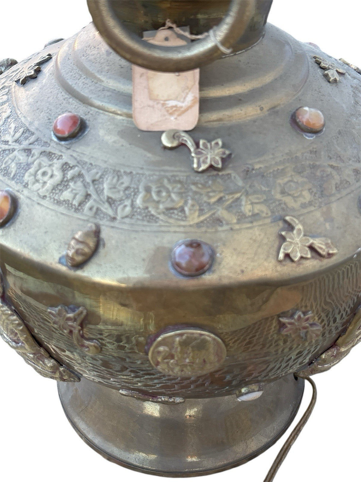 Pair Antique Tibetan Buddhist India Brass Urn/Lamps Stones Buddha Ganesh