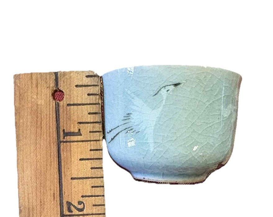 Vintage Korean Celadon Crackle Glaze Sake / Tea Set–Crane Motif –Signed 5 Pieces