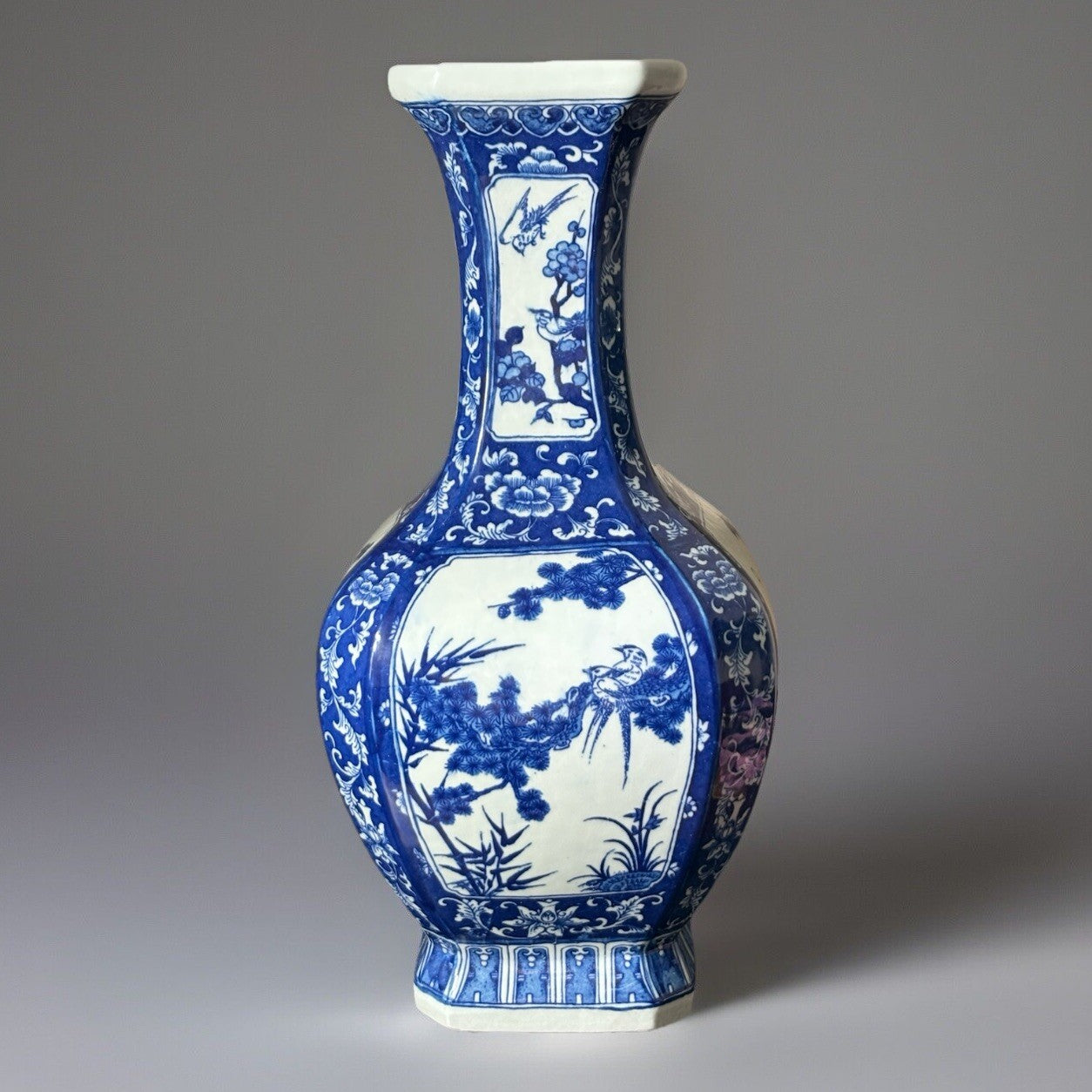 15” Vintage Chinese Large Floor Vase Blue & White With Birds
