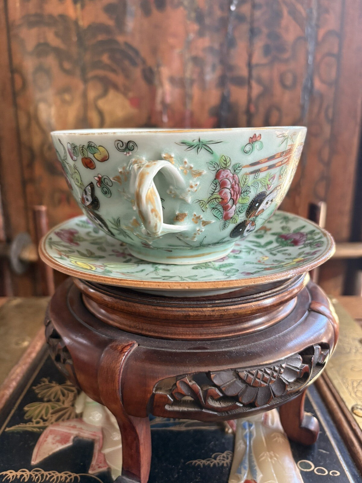 19thC Chinese Large Celedon Soup Dish & Plate With Flowers, Birds, Butterflies