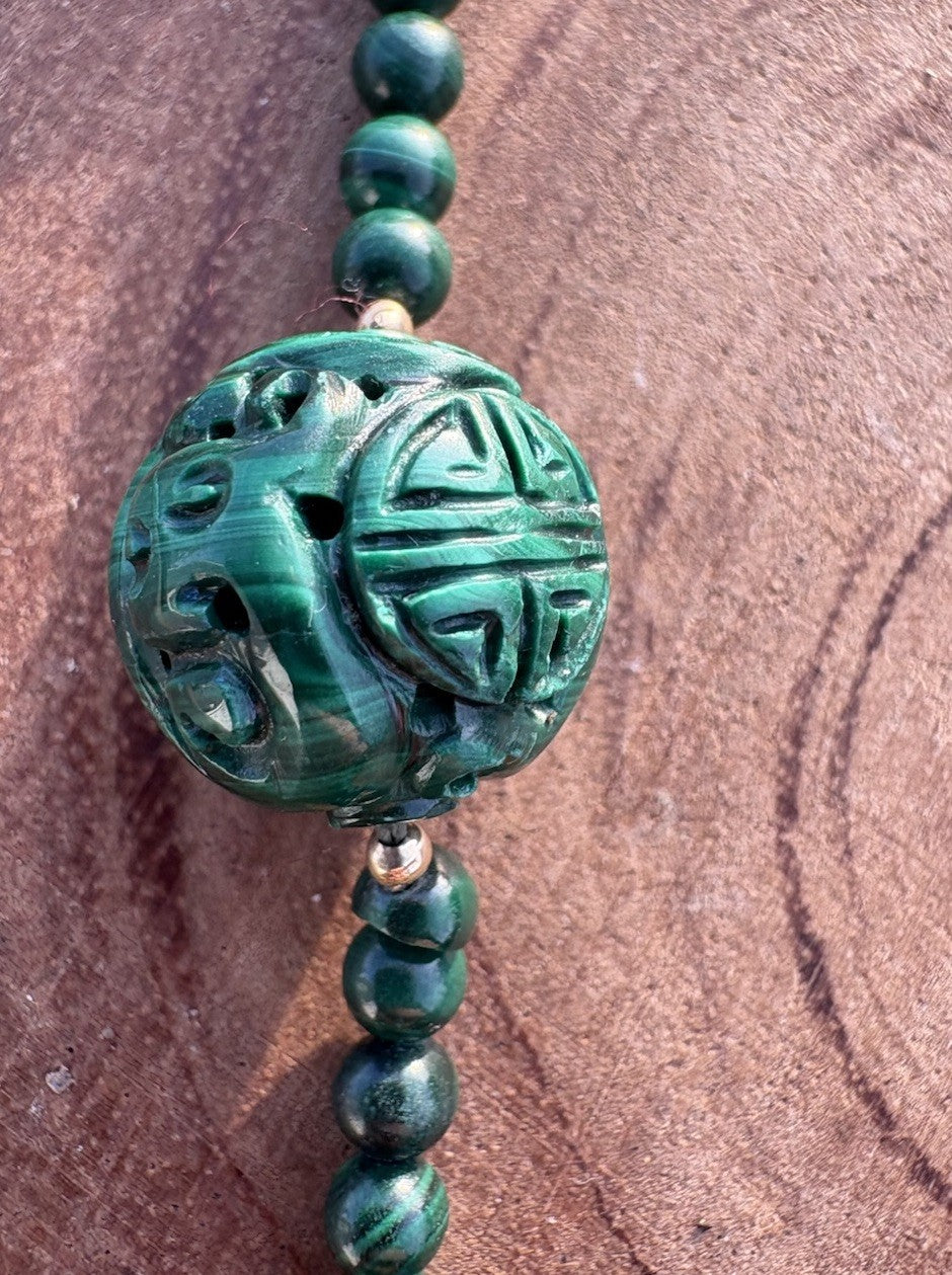 14k Vintage Carved Malachite Necklace Longevity Beads 18” Hand Knotted 14K Clasp