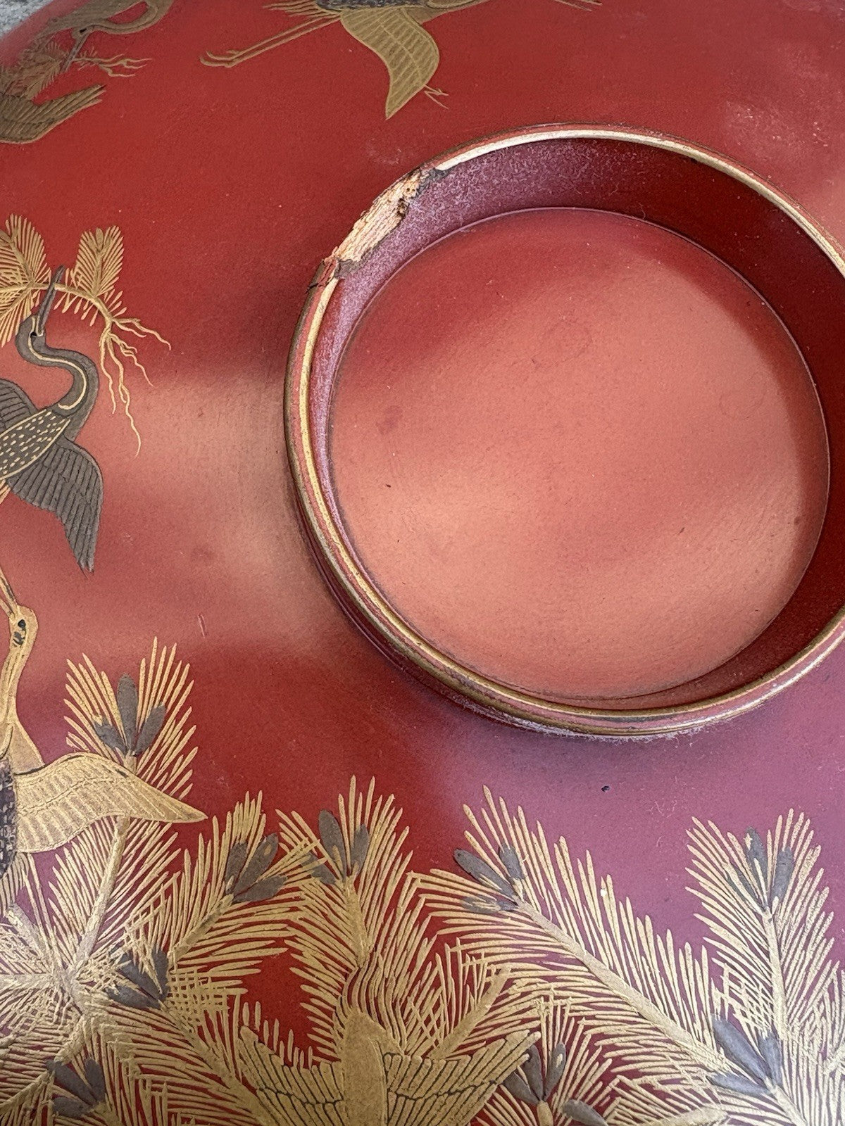 Antique Japanese Red Lacquer Plate Gold Cranes Pine Maki-e Meiji Style 8”