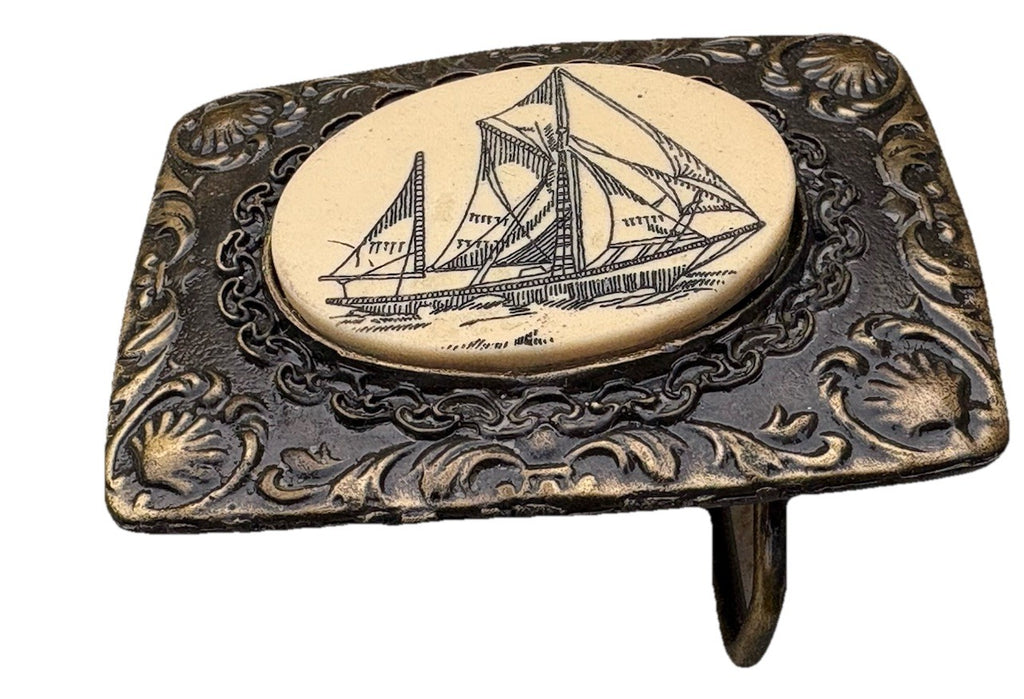 Oden Brass Etched Faux Scrimshaw Sailboat Schooner Belt Buckle 2-1/2" x 1-3/4"