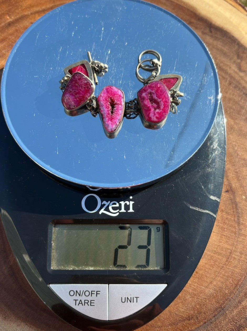Sterling Silver Pink Druzy Geode Bracelet Artisan Organic Stone 7.25”