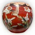 Antique Japanese Satsuma Moriage Jardiniere Bird Floral Red Cache Pot