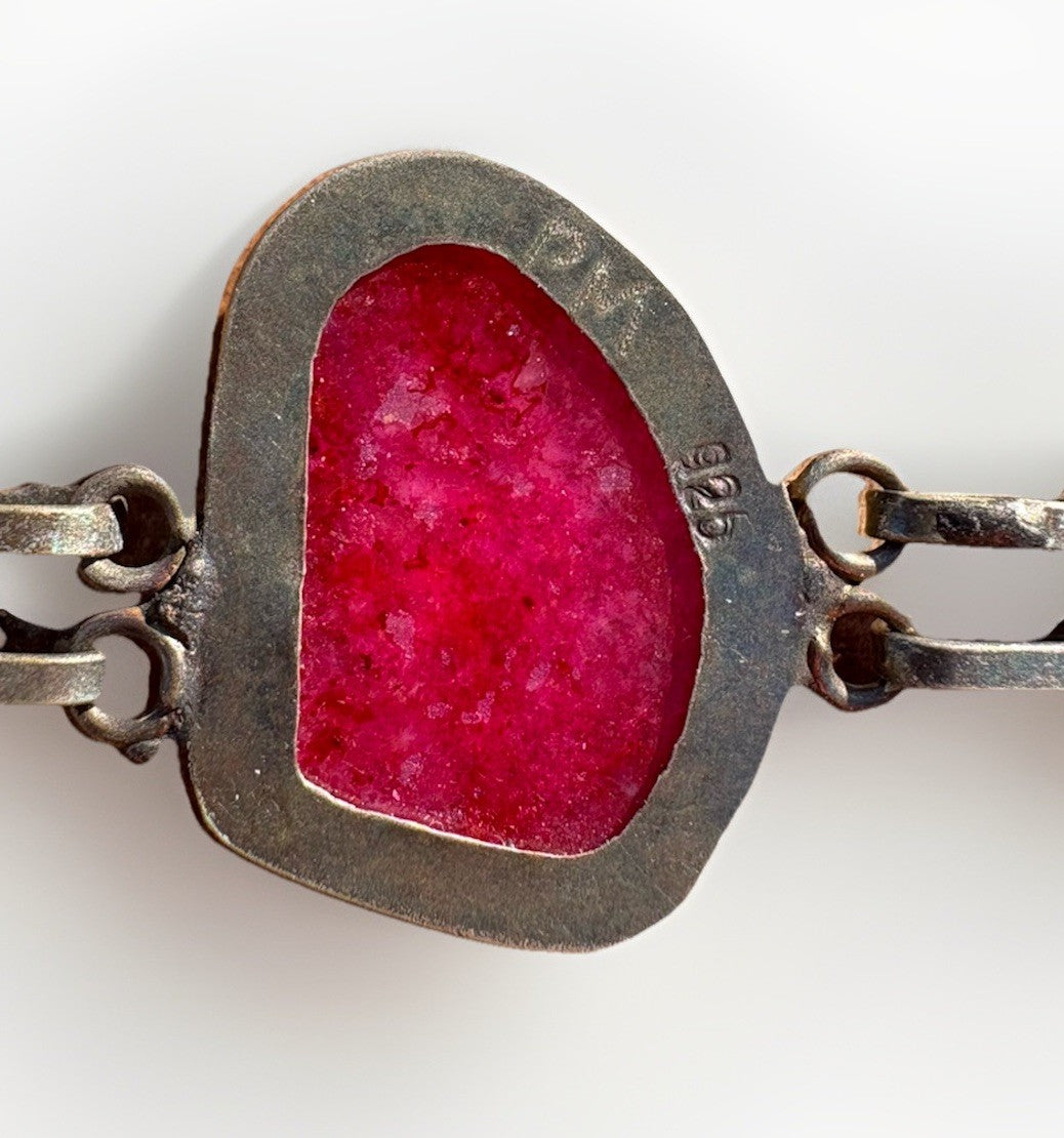 Sterling Silver Pink Druzy Geode Bracelet Artisan Organic Stone 7.25”