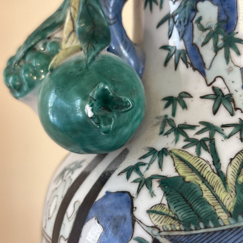 Antique Chinese Famille Rose Porcelain Figural Table Lamp w/ Relief Flowers 29”