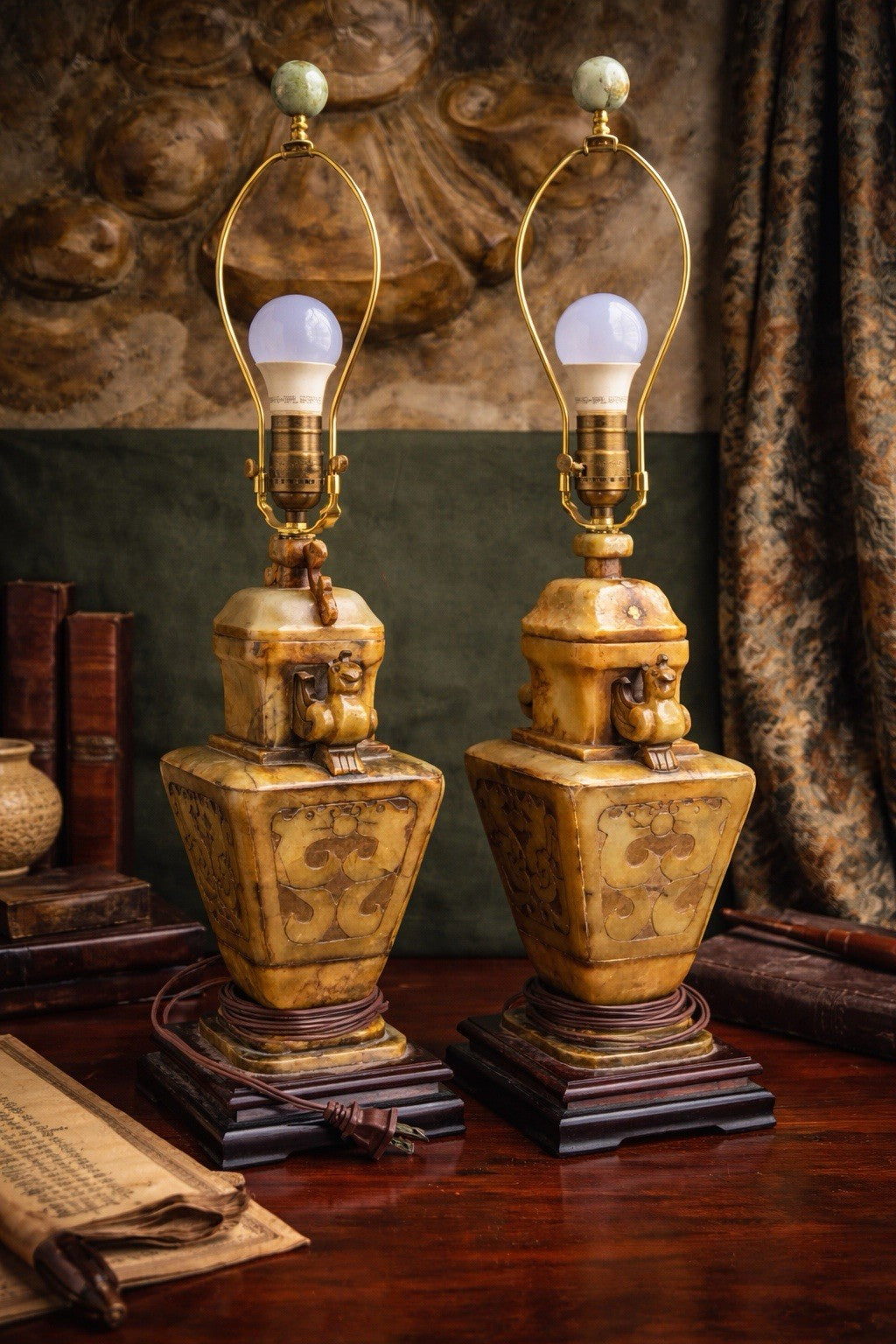 Pair of Chinese Carved Alabaster Lamps With Birds and Dragons