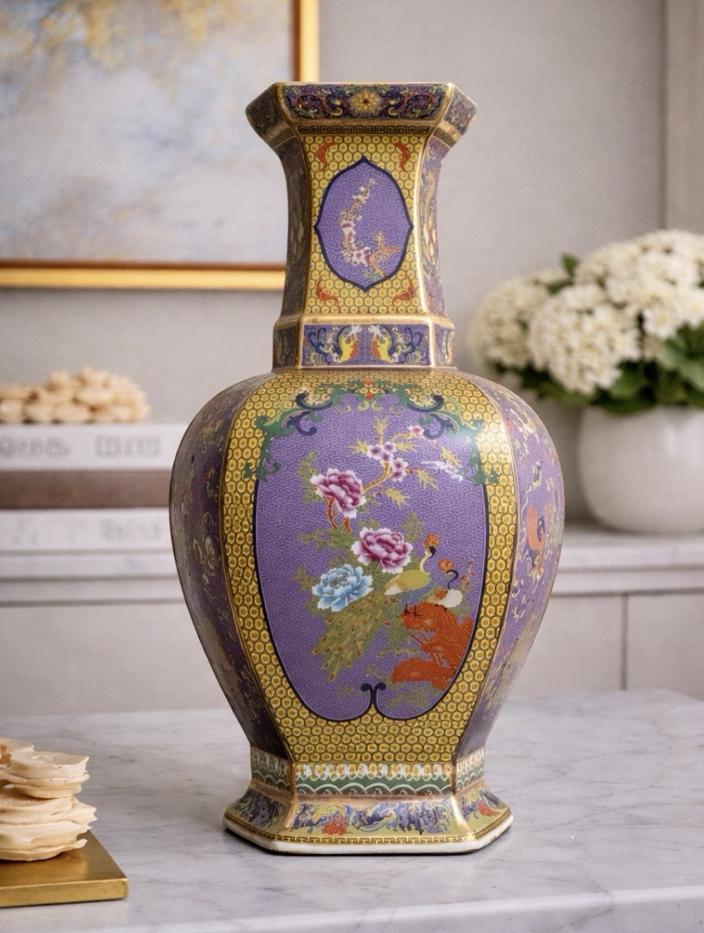 Large Chinese Style Porcelain Vase Famille Rose Cloisonné Floral Purple Bird 19”