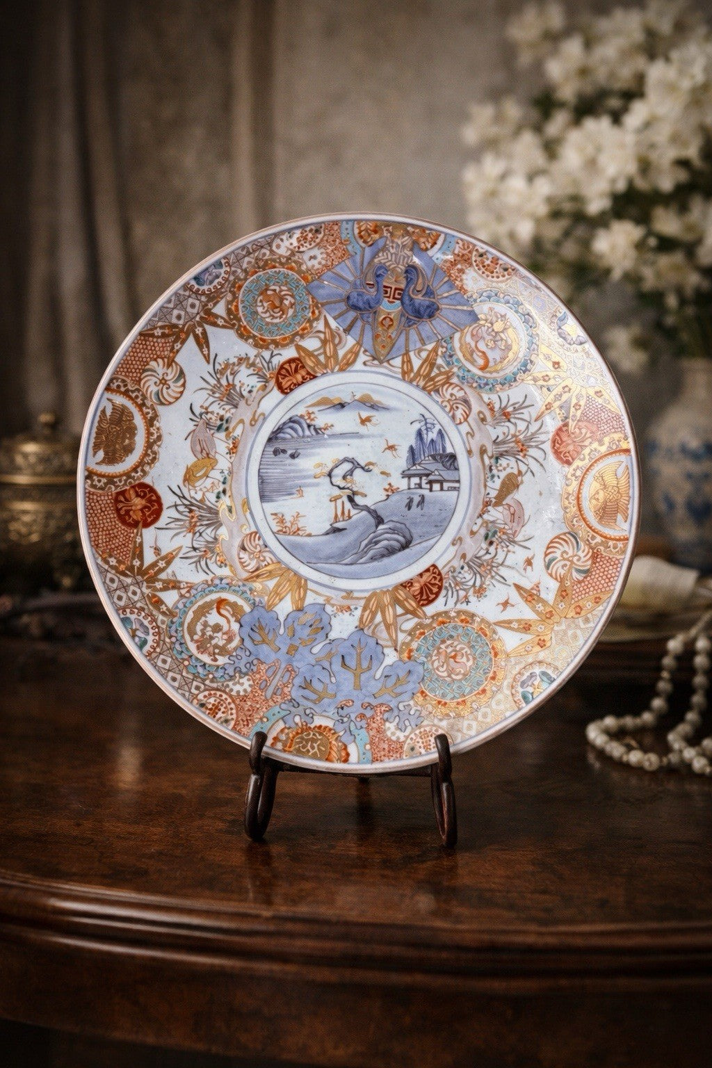 18"In XLARGE 19th C. JAPANESE PORCELAIN CHARGER, mountains, birds
