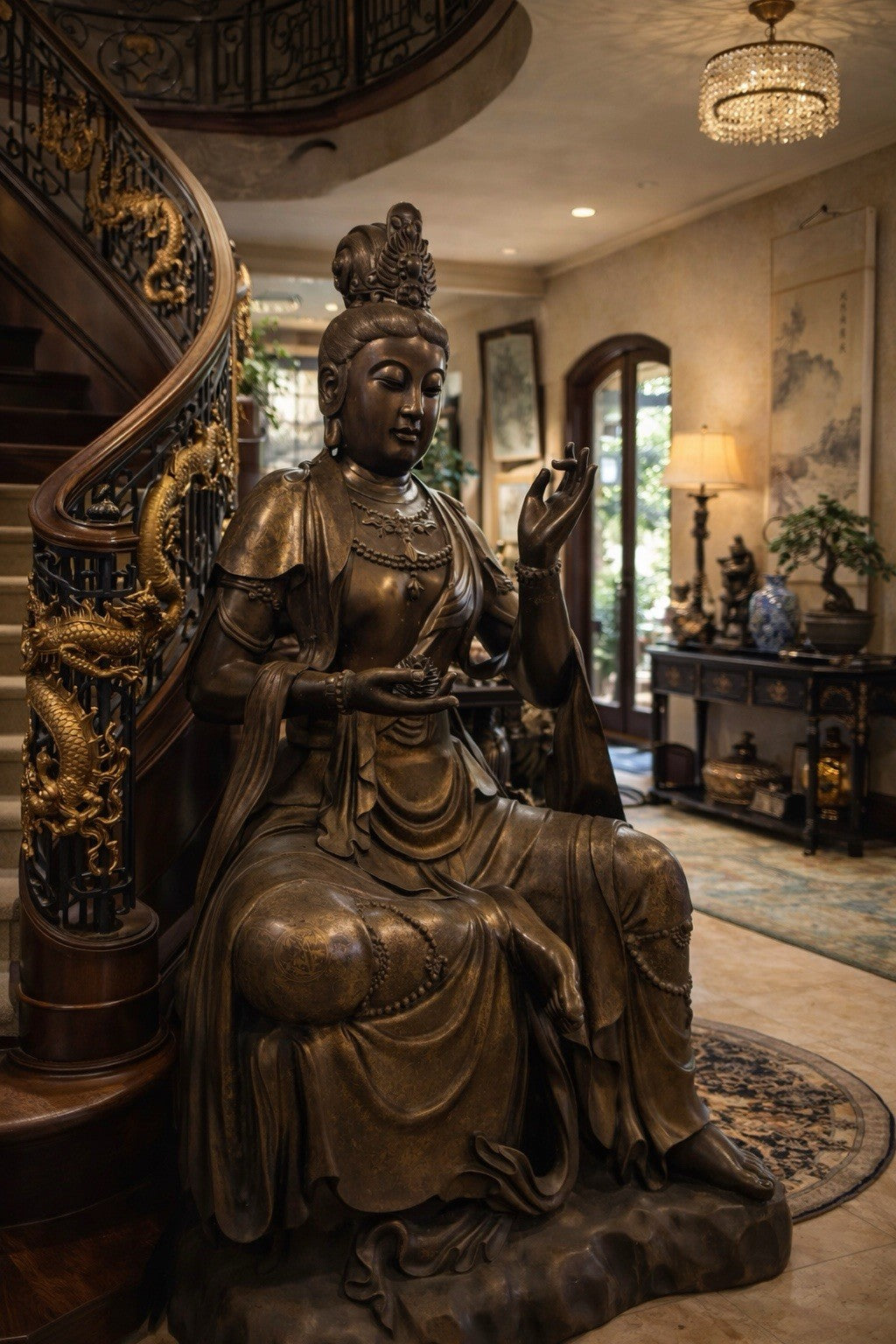 Monumental 5ft Chinese Bronze Guanyin Statue, Ming Xuande Mark, Gilded Robes 19c