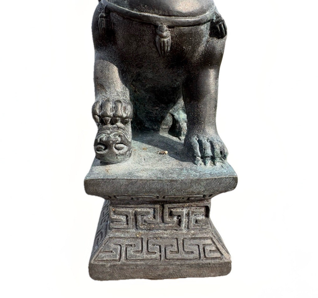 Vintage Chinese Foo Dog Guardian Lion Pair Bronze Brass Statue Feng Shui