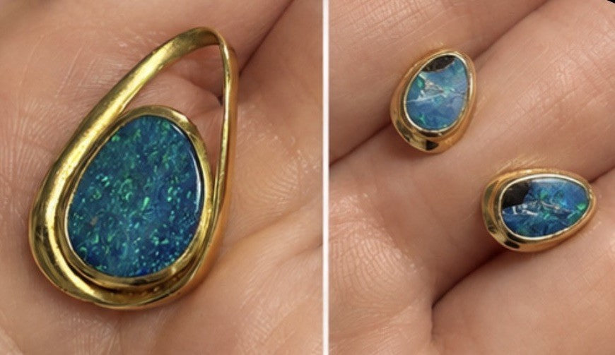 14K Gold Australian Opal Pendant & Earrings Set Blue Green Estate Jewelry