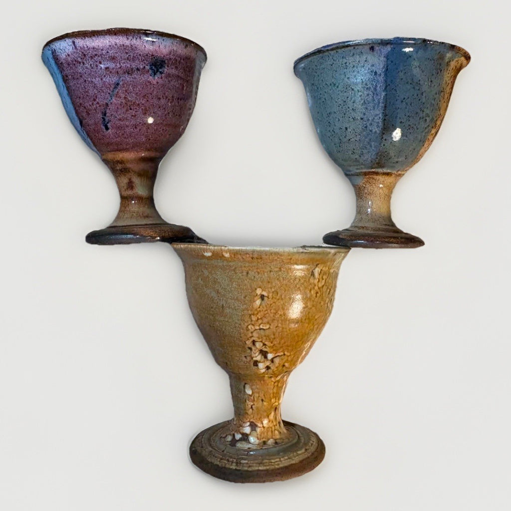 Signed Edwards Studio Pottery Goblet Set Of 3 Volcanic Glaze Artisan Cups