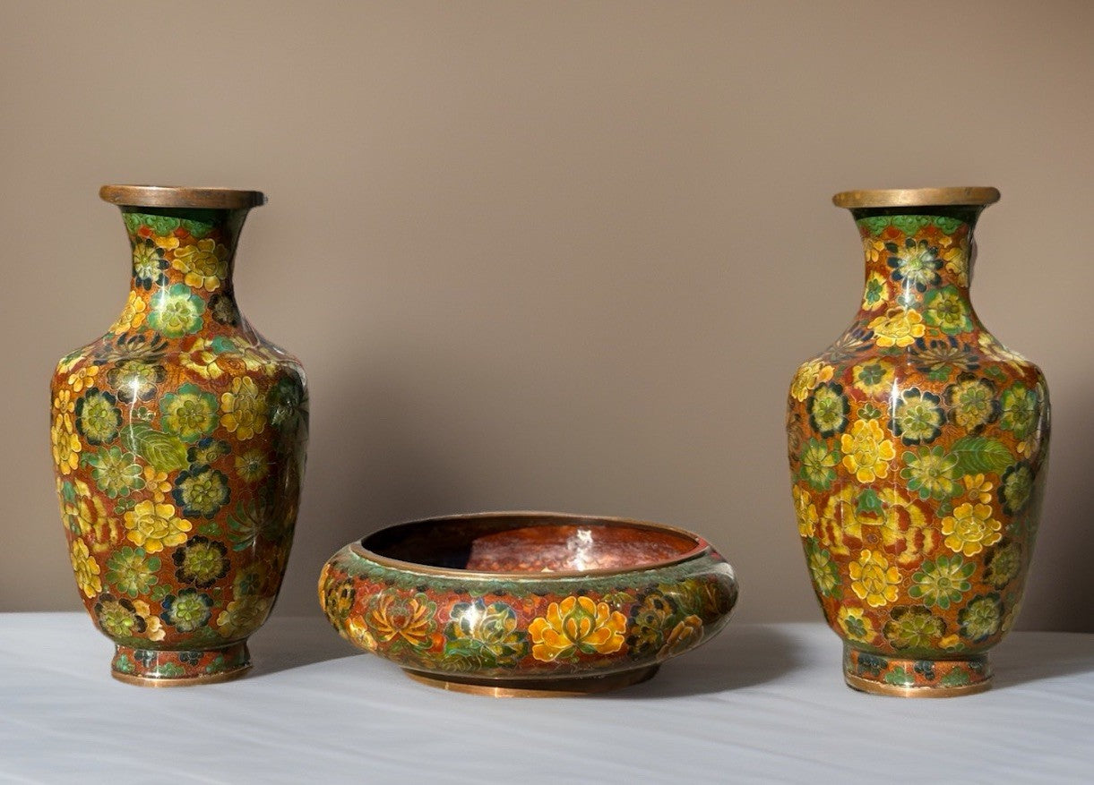 3 Piece Set of Fine Antique Chinese Cloisonne Vases & Bowl