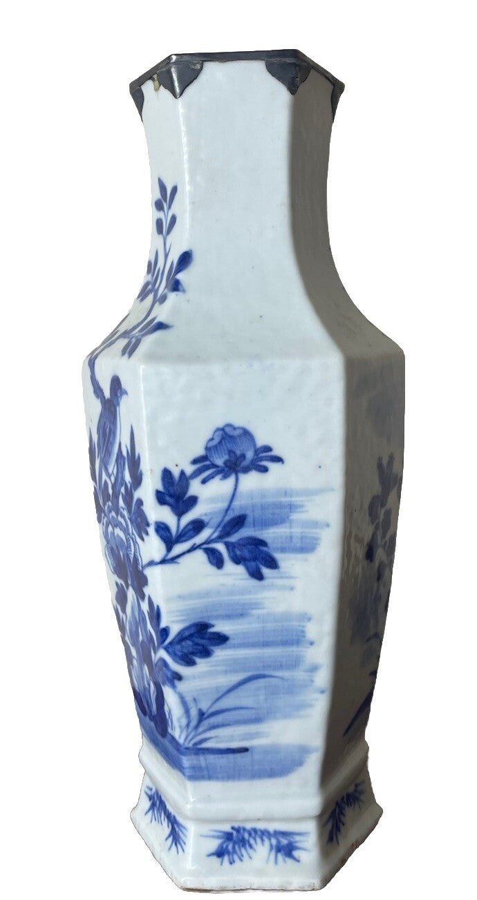 Rare Qing Dynasty Blue White Hexagonal Vase Bird Plum Blossom 1700s China