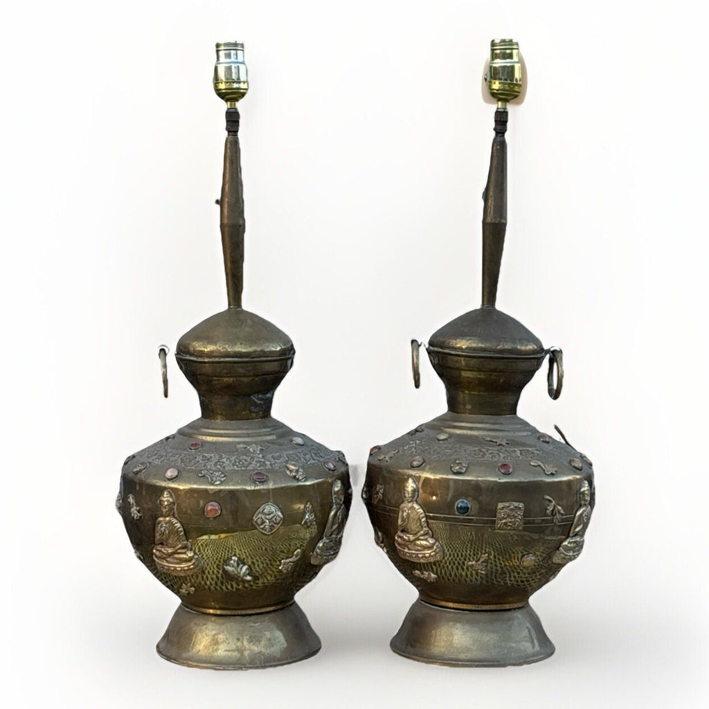 Pair Antique Tibetan Buddhist India Brass Urn/Lamps Stones Buddha Ganesh