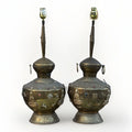 Pair Antique Tibetan Buddhist India Brass Urn/Lamps Stones Buddha Ganesh