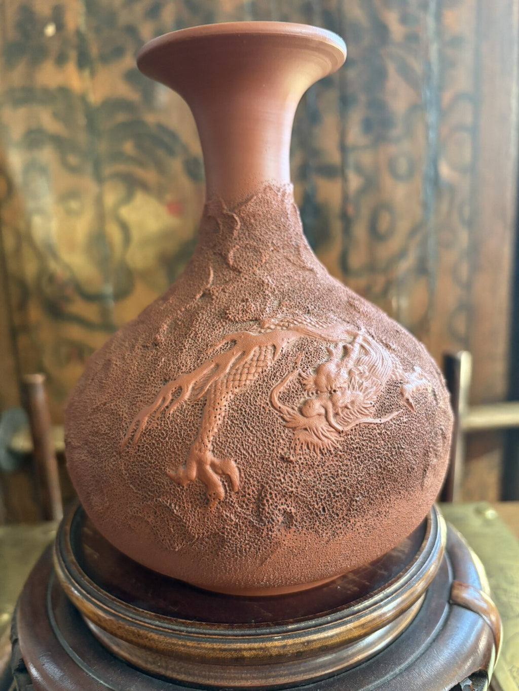 JAPANESE MOLDED RED  POTTERY JAR, MEIJI PERIOD 6.5” Tall