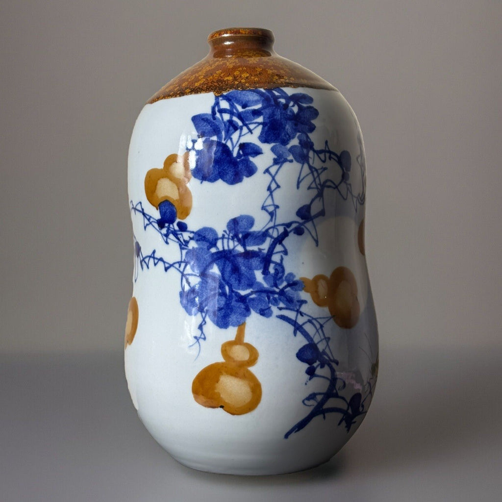 Chinese Gourd & Cricket Vase Blue Amber Enamel Calligraphy Republic Style 11.5”