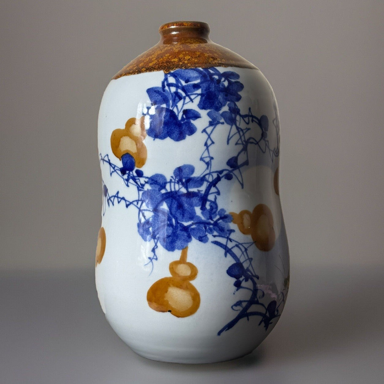 Chinese Gourd & Cricket Vase Blue Amber Enamel Calligraphy Republic Style 11.5”