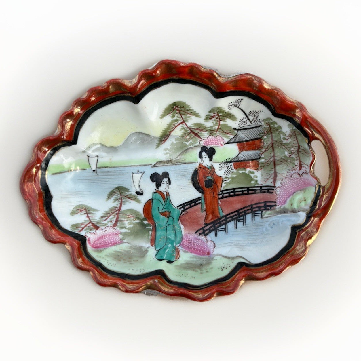 Vintage Japanese Geisha Porcelain Tray Scalloped Red Gilt Dish