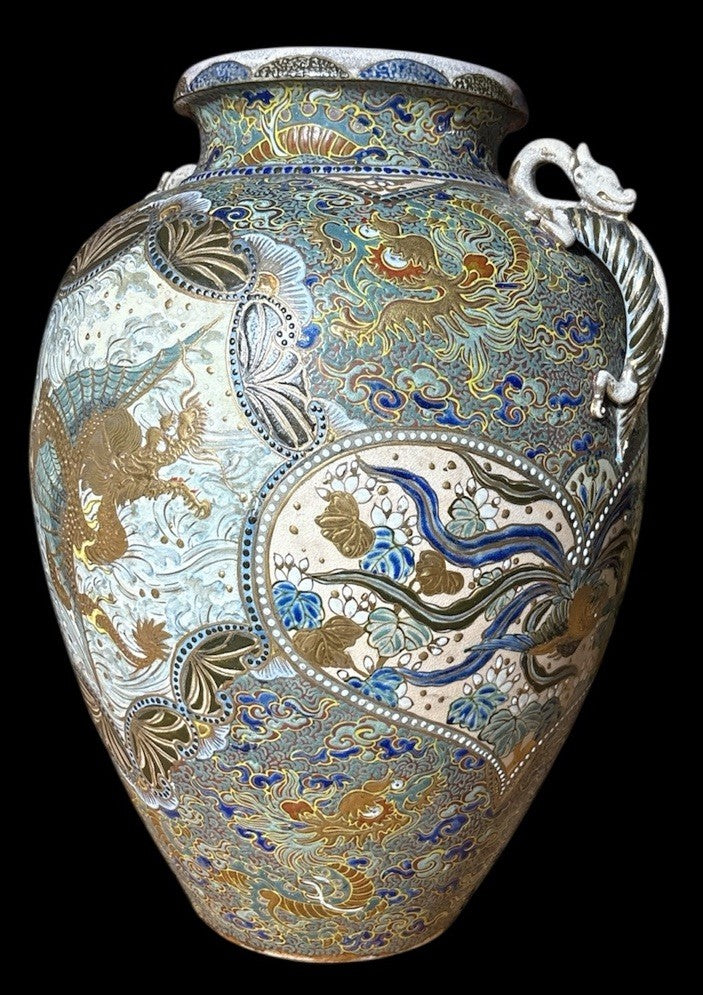 Large 1800s Satsuma Kinkozan Vase – Gilt Dragons, Phoenix, Roses, Heavy Enamel