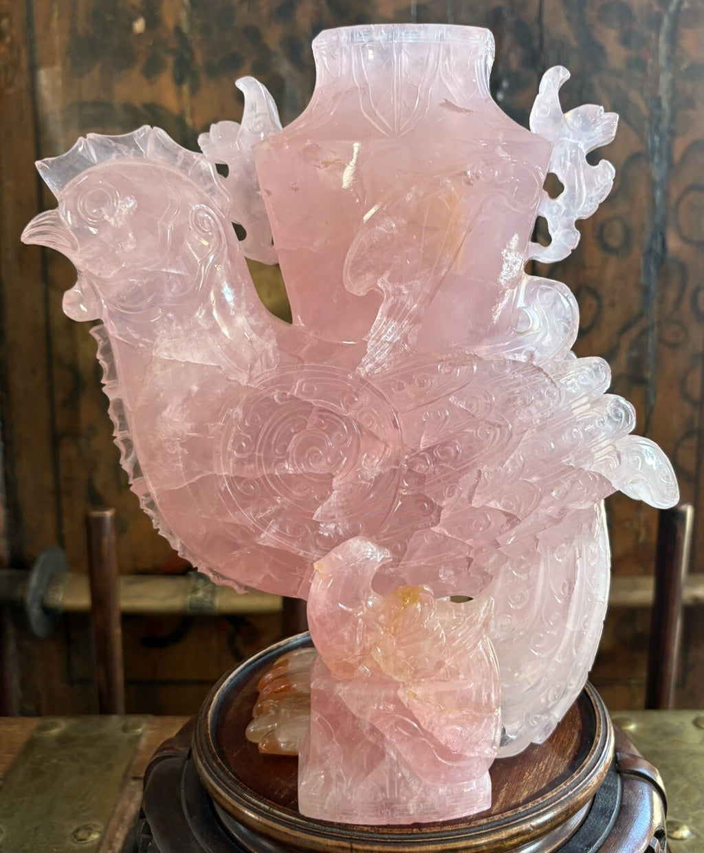 Antique Vintage Rose Quarts Rooster Sculpture 13” tall 8” wide