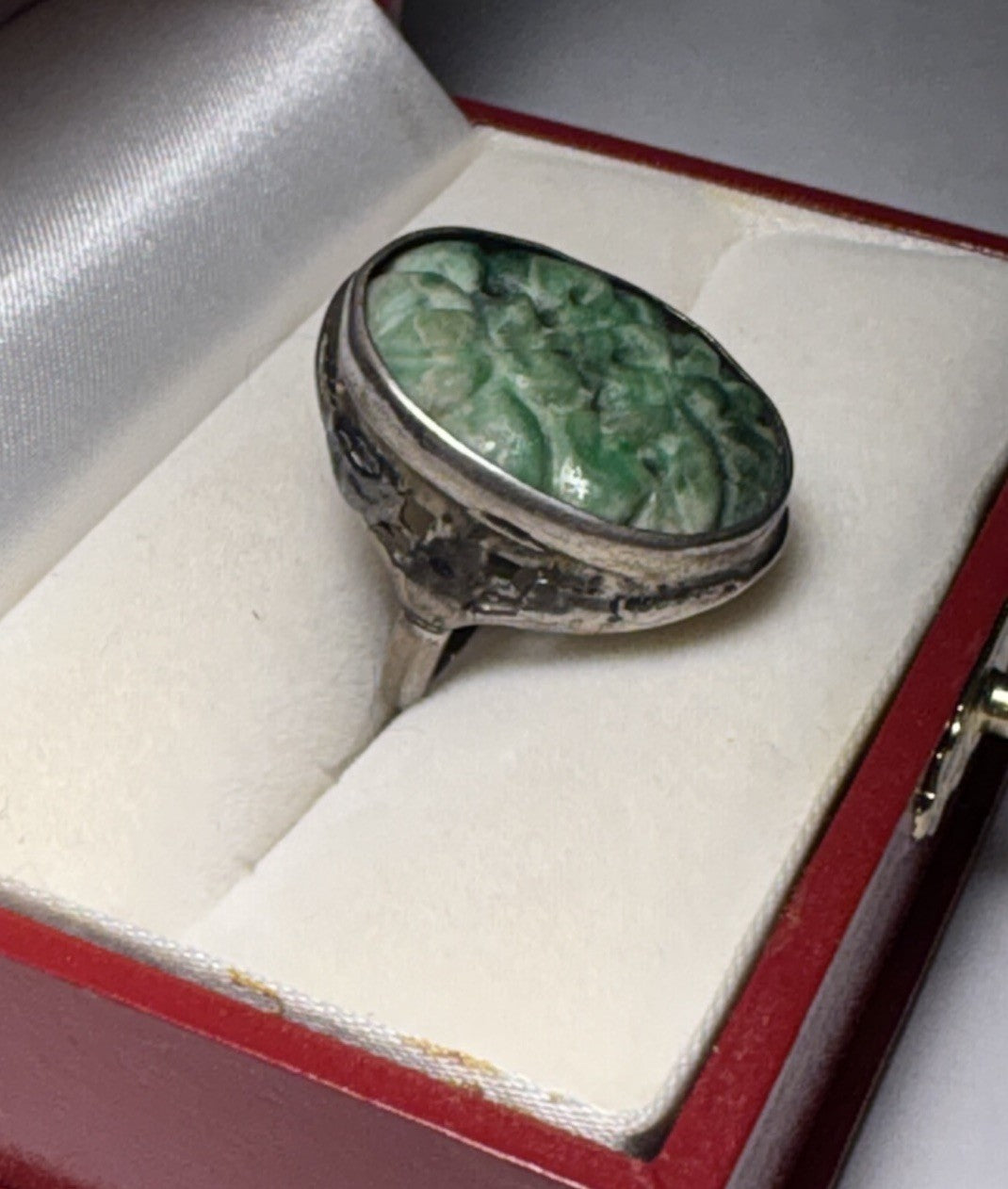 Art Deco Style Sterling Carved Green Jade Oval Ring Size 6