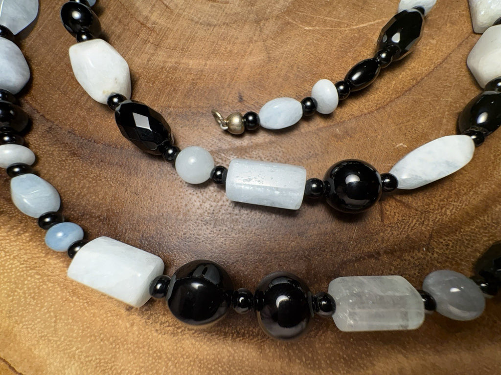 Vintage 34” Sterling Silver Beaded Necklace Aquamarine-Toned Stones & Black Onyx