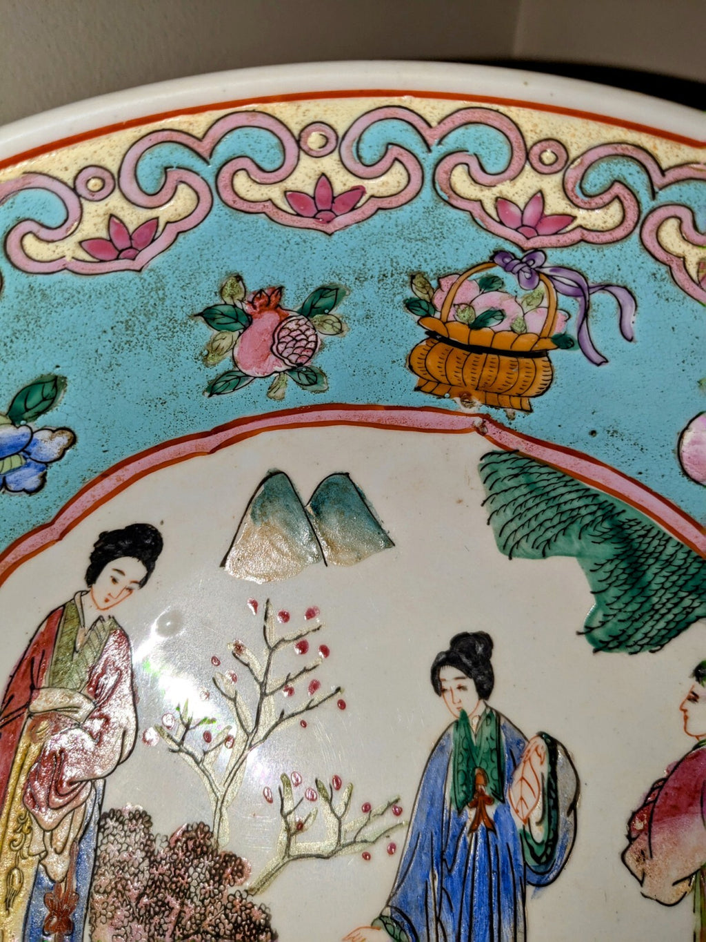 Vintage Macau Famille Rose Porcelain Serving Bowl With Hand Painted Bucolic Scen
