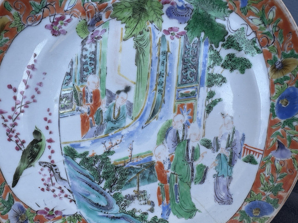 Pair Antique Chinese Famille Rose Figural Plates Qing 8”
