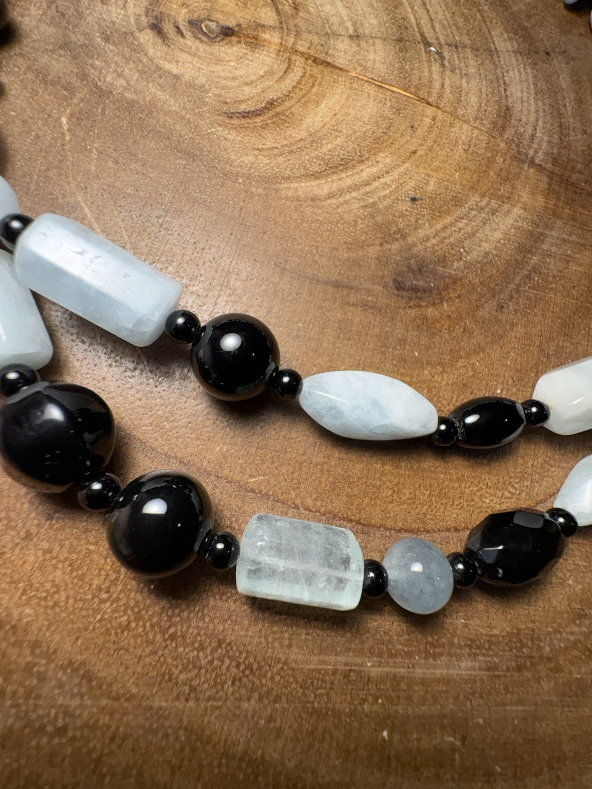 Vintage 34” Sterling Silver Beaded Necklace Aquamarine-Toned Stones & Black Onyx