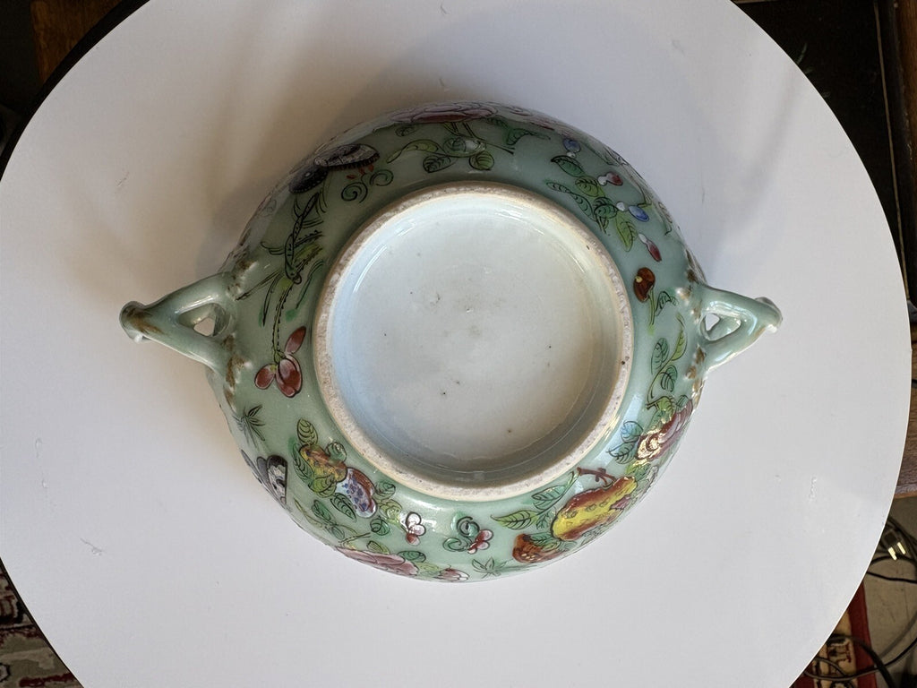 19thC Chinese Large Celedon Soup Dish & Plate With Flowers, Birds, Butterflies