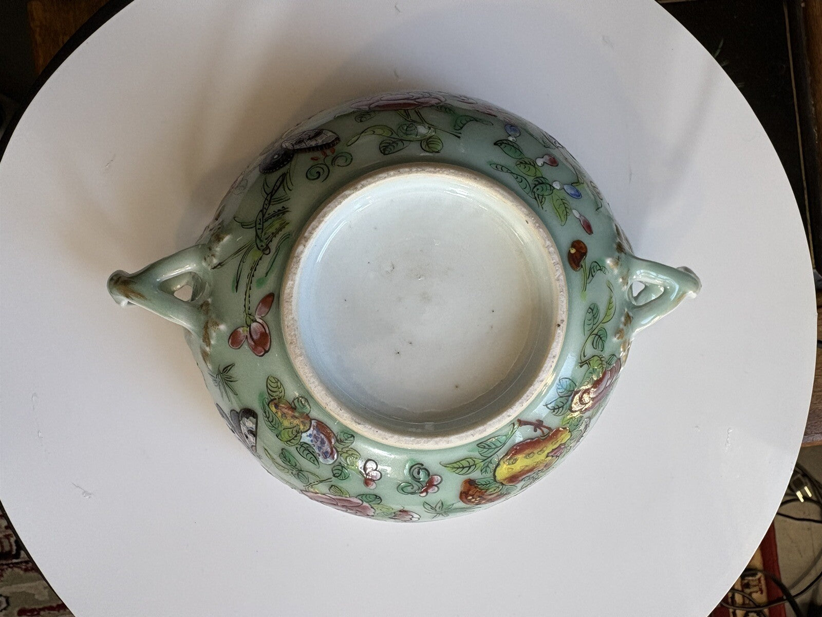 19thC Chinese Large Celedon Soup Dish & Plate With Flowers, Birds, Butterflies
