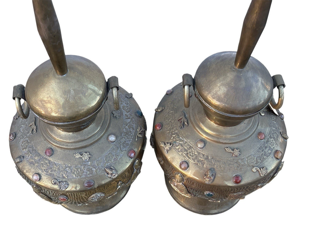 Pair Antique Tibetan Buddhist India Brass Urn/Lamps Stones Buddha Ganesh