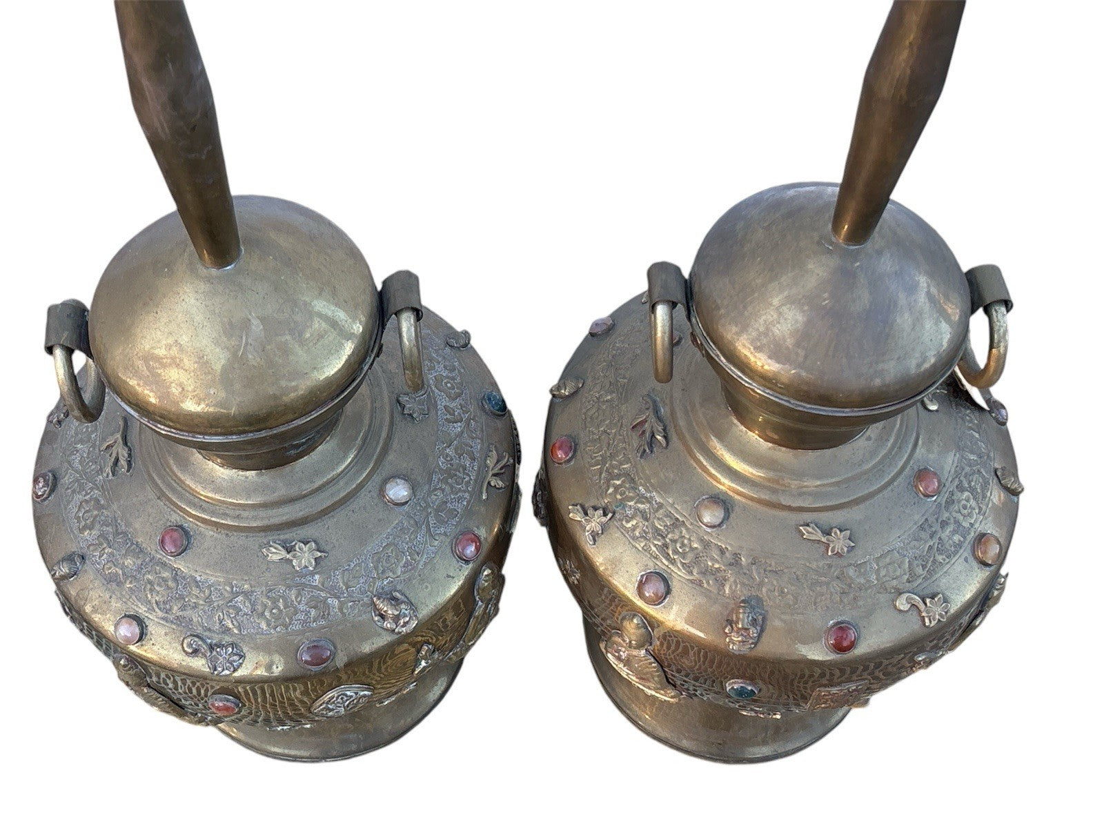 Pair Antique Tibetan Buddhist India Brass Urn/Lamps Stones Buddha Ganesh